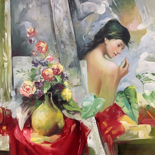 Oil painting used, unique with golden frame, girl theme