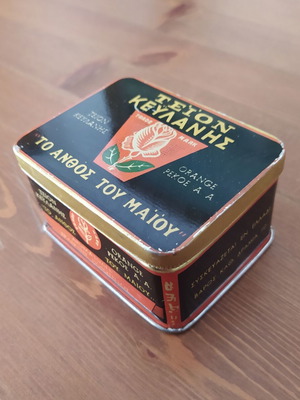 Tin box used, "To anthos tou Maiou" tea, 1960s