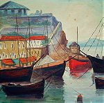  Αυθεντικός πίνακας ζωγραφικής Υδρα λιμάνι βάρκες θαλασσογραφία