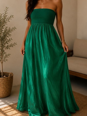 BSB Green Strapless Long Dress like new, silk-like fabric