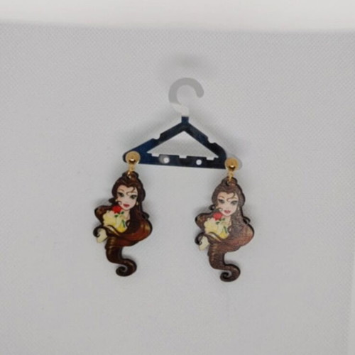 Wooden earrings 5 cm Beauty and the Beast with stainless steel clasp new