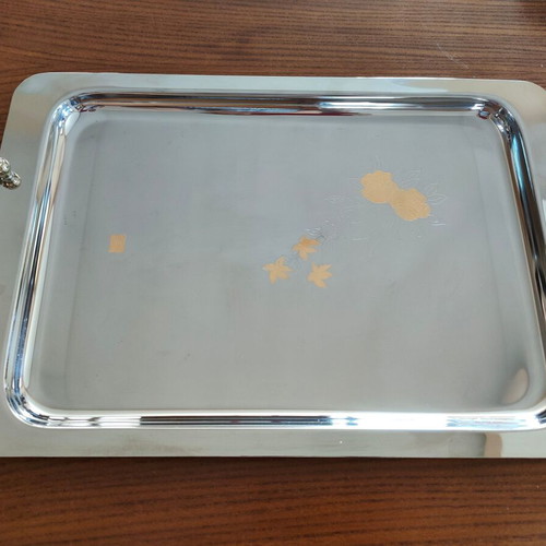 Stainless steel serving tray with 24-carat gold details like new