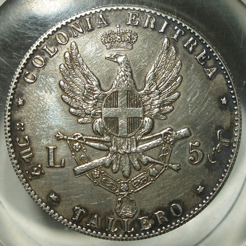 5 Lire 1891 coin used, Umberto I, Italian Eritrea