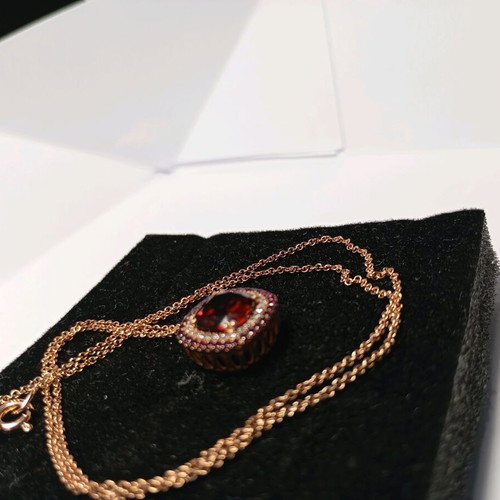 Luxury 925 silver necklace pink gold plated with 8x8 garnet and double halo zirconia new