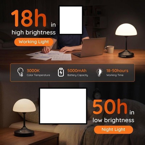 Dawnwake wireless LED mushroom table lamp 5000 mAh, touch dimming, black