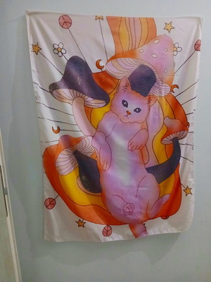 Tapestry decorative wall hanging with cat and mushrooms, like new