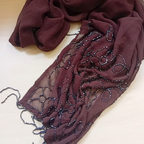 Brown scarf like new with handmade black bead design