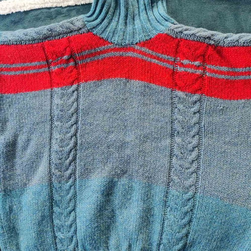 Grey-blue knitted turtleneck with red stripes like new, vintage style