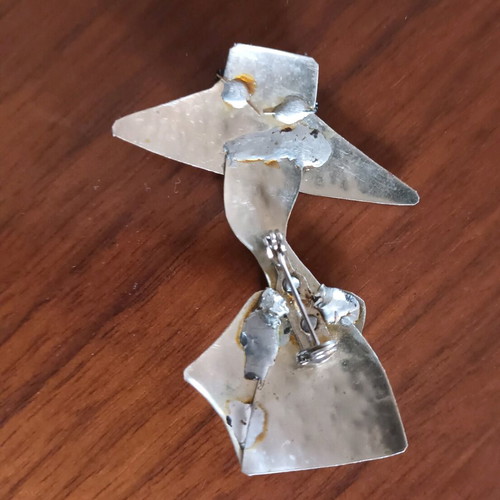 Vintage 90s Brooch "Lady with Hat" handmade metal with black beads used