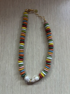 Necklace with colorful heishi beads and baroque pearls like new