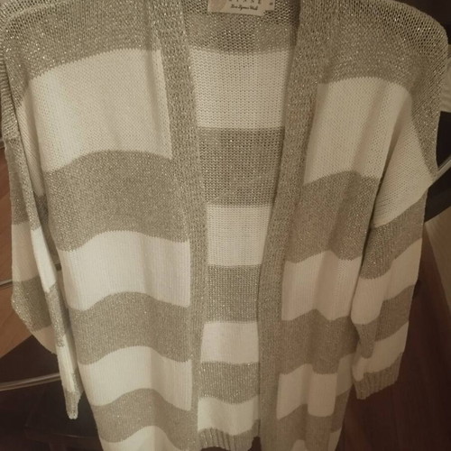Knitted long Lynne cardigan striped beige/lurex like new