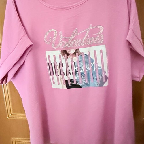 Pink oversized T-shirt with Valentine print and rhinestones like new, XL-XXL