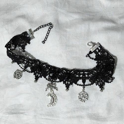 Romantic Gothic Moon Choker like new, black and silver lace