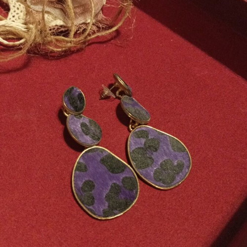 Leopard Purple Drop Earrings like new, embossed fabric design