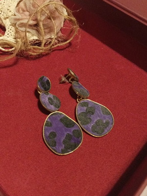 Leopard Purple Drop Earrings like new, embossed fabric design