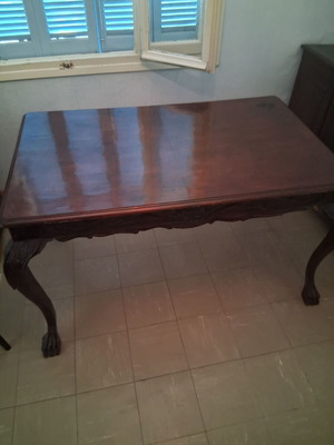 Wooden vintage dining set used, table with 5 chairs, buffet, coffee table