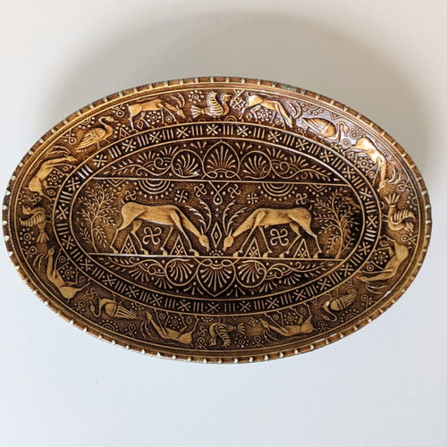 Vintage glass decorative platter used with painted embossed design