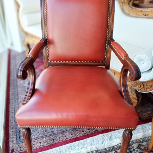Leather armchair classic English style, deep burgundy