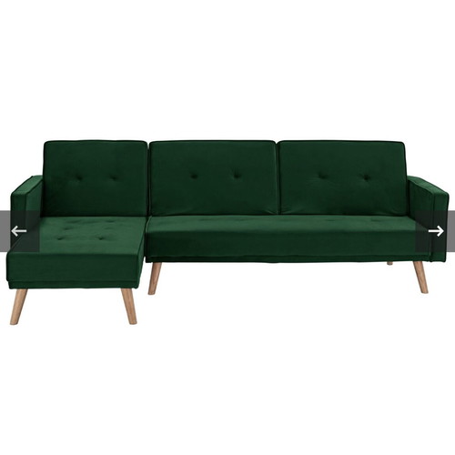 Green velvet sofa bed L-shape used with wooden legs