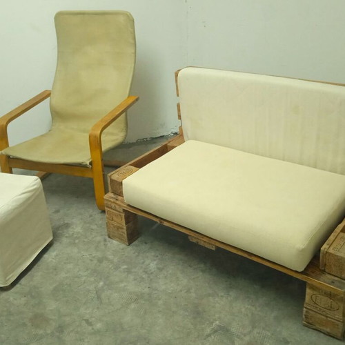 Sofa set from pallets with Ikea Pello armchair and Solsta Pallbo stool, like new