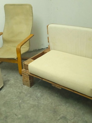 Sofa set from pallets with Ikea Pello armchair and Solsta Pallbo stool, like new