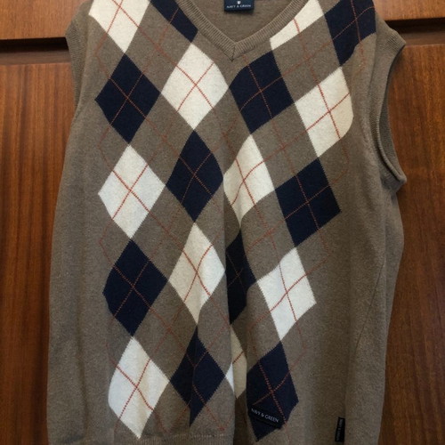 Kazaka sweater used, gray with white, blue and red stripe, size XL