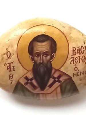SAINT BASIL Collectible Icon Painted on Pebble, Holy Monastery of the Annunciation Patmos 1994