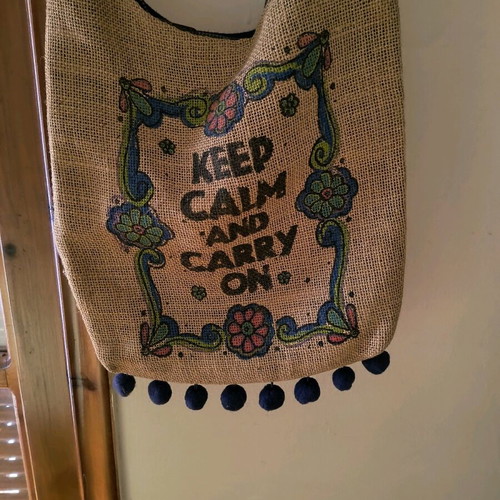 Summer crossbody bag like new linen with print and blue pom poms