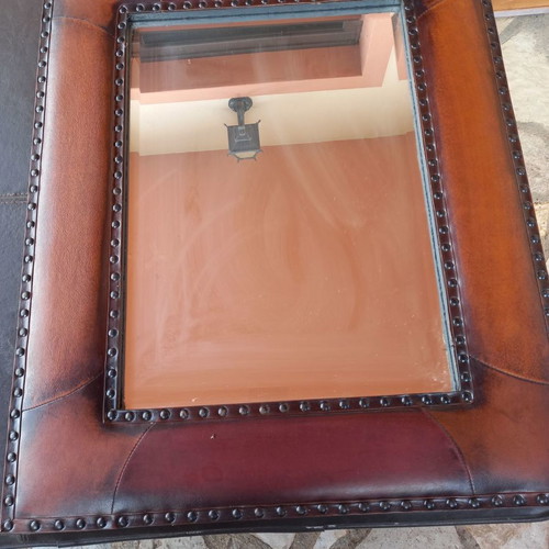 Handmade leather and mosaic mirror used, Italian origin