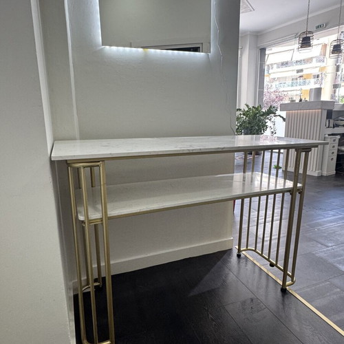 Desk console with metal frame and white marble-look surface
