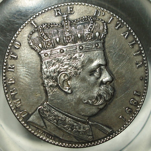 5 Lire 1891 coin used, Umberto I, Italian Eritrea
