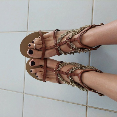 Flat sandals with chains, size 39, brown and gold
