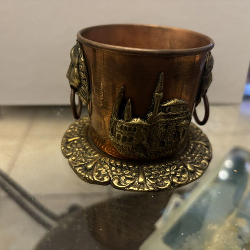 Vintage copper and bronze desk set with pencil holder, matchbox holder, ashtray