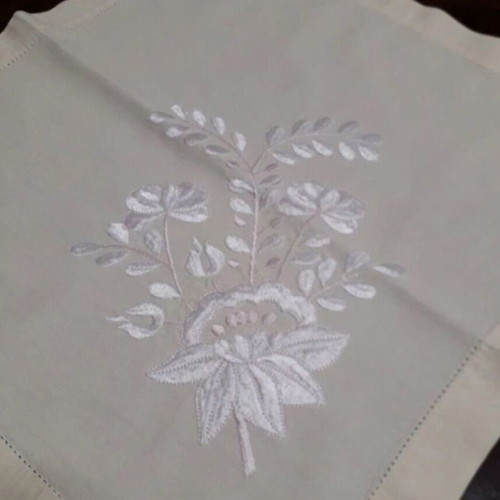 Set of three beige embroidered table linens with roses, new