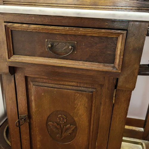Antique solid walnut entryway furniture with carving, mirror and marble