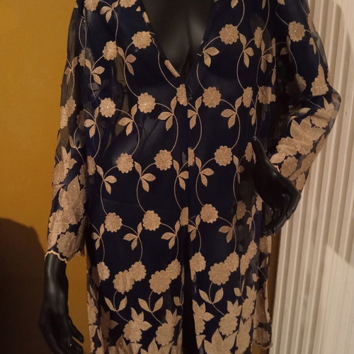 Dress kimono dark blue with gold beige floral embroidery and strass new L/XL