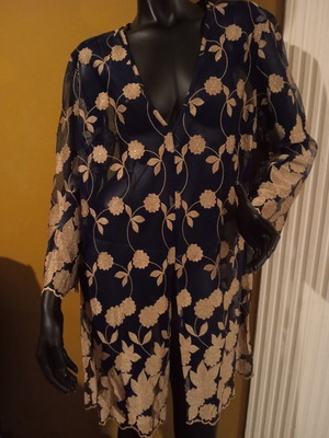 Dress kimono dark blue with gold beige floral embroidery and strass new L/XL