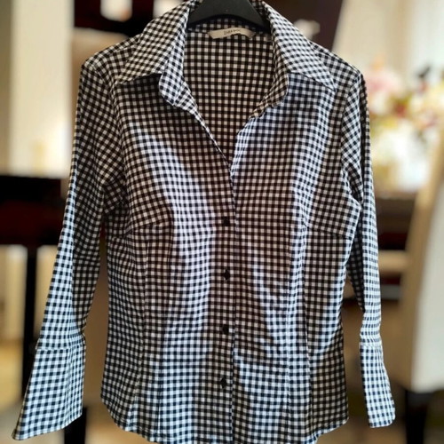 Zara Basic shirt with 3/4 sleeve gingham black and white like new