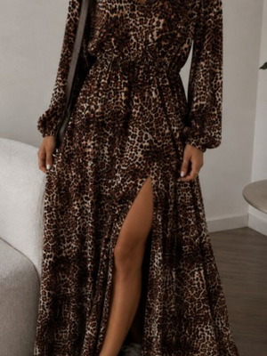 Maxi leopard dress with V-neck and slit, like new, ASOS