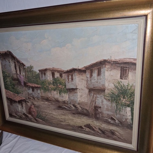 Oil Painting Dimas Traditional Greek Village framed, like new