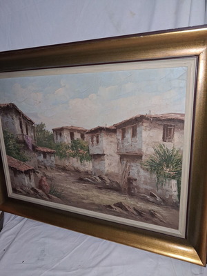 Oil Painting Dimas Traditional Greek Village framed, like new