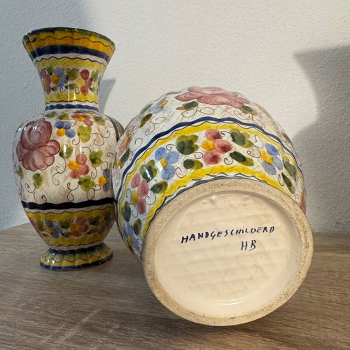 Hand-painted majolica vases used, set of 3