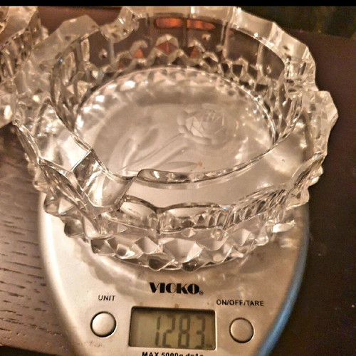 Vintage crystal vase set and 2 ashtrays with etched rose like new