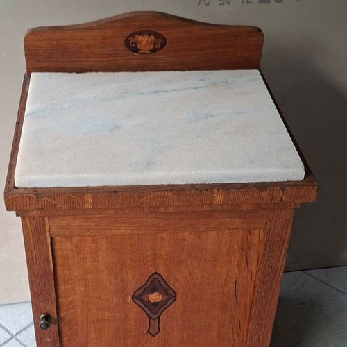 Bedside table made of oak wood with marquetry and marble top used