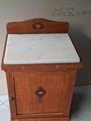 Bedside table made of oak wood with marquetry and marble top used