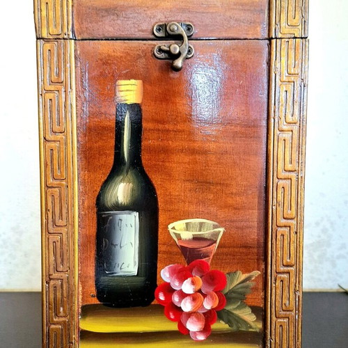 Wooden vintage box for 2 wine bottles with handmade painting like new