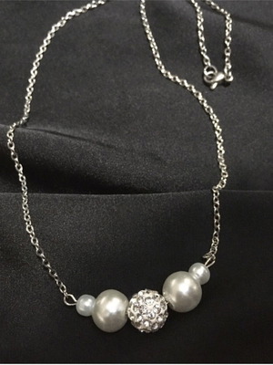 Silver-White Steel Necklace with Rhinestones and White Pearls, New