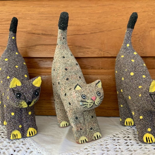Decorative cat set of 3 new, handmade, wood with colored sand