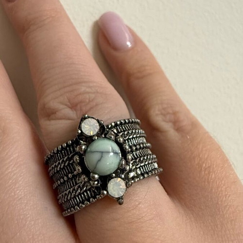 Vintage steel ring carved new with semi-precious gemstones