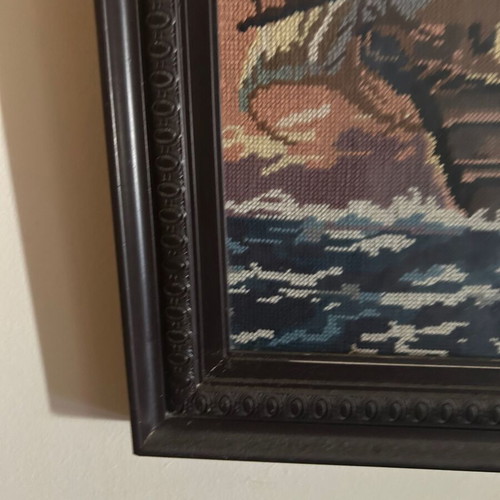 Vintage Handmade Gobelin Embroidery Sailboat in Wooden Frame
